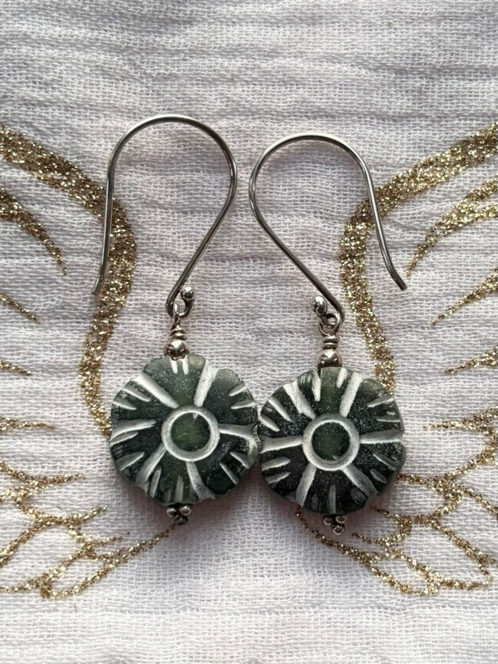 Sterling Silver Carved Green Jade Flower Drop Earrings